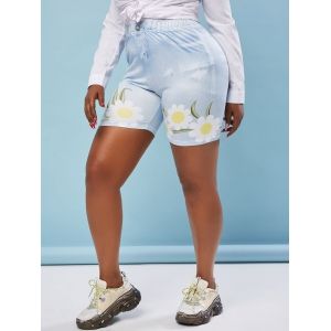 

Plus Size Flower 3D Print Short Jeggings, Light blue