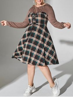 Plus Size Plaid Hooded Lace-up Long Sleeve Dress - RED DIRT - L