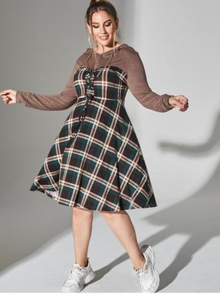 Plus Size Plaid Hooded Lace-up Long Sleeve Dress