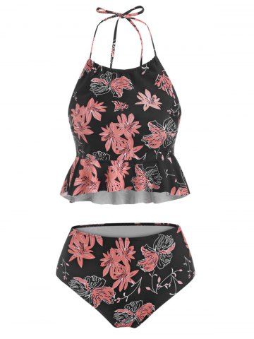 Maillot de Bain Tankini Fleuri à Col Halter à Volants - BLACK - S