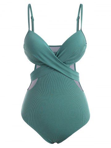 Ribbed Push Up Twist Cutout One-piece Swimsuit - LIGHT GREEN - L