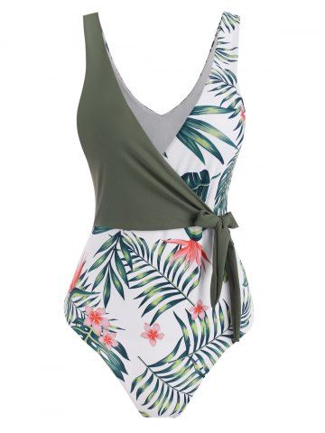 Floral Leaf Surplice-front Tie One-piece Swimsuit - DEEP GREEN - S