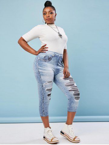 

Plus Size 3D Ripped Print Capri Jeggings, Light blue