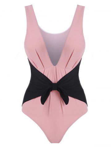 Plunge Contrast Bowknot Pleated Detail One-piece Swimsuit - LIGHT PINK - S