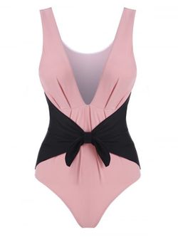 Plunge Contrast Bowknot Pleated Detail One-piece Swimsuit - LIGHT PINK - M