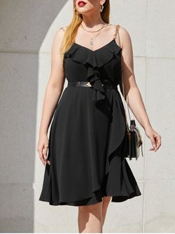 Plus Size Chain Strap Ruffle Sleeveless Overlap Dress - BLACK - L