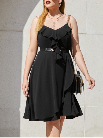 Plus Size Chain Strap Ruffle Sleeveless Overlap Dress - BLACK - 1X