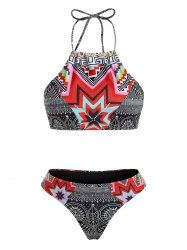 Halter High Neck Geometrical Print Boho Bikini Set -  
