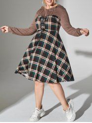 Plus Size Plaid Hooded Lace-up Long Sleeve Dress -  