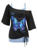 T-shirt à Imprimé Papillon de Grande Taille à Col Oblique et de Débardeur en Dentelle Deux Pièces - Noir 5X