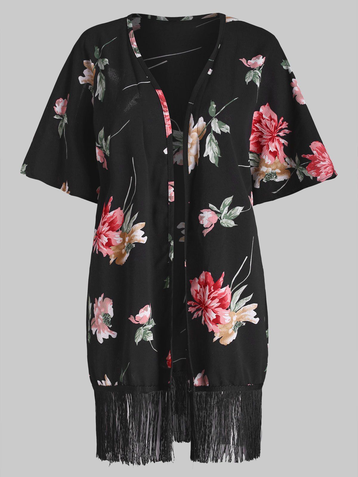 

Floral Fringed Textured Kimono, Black