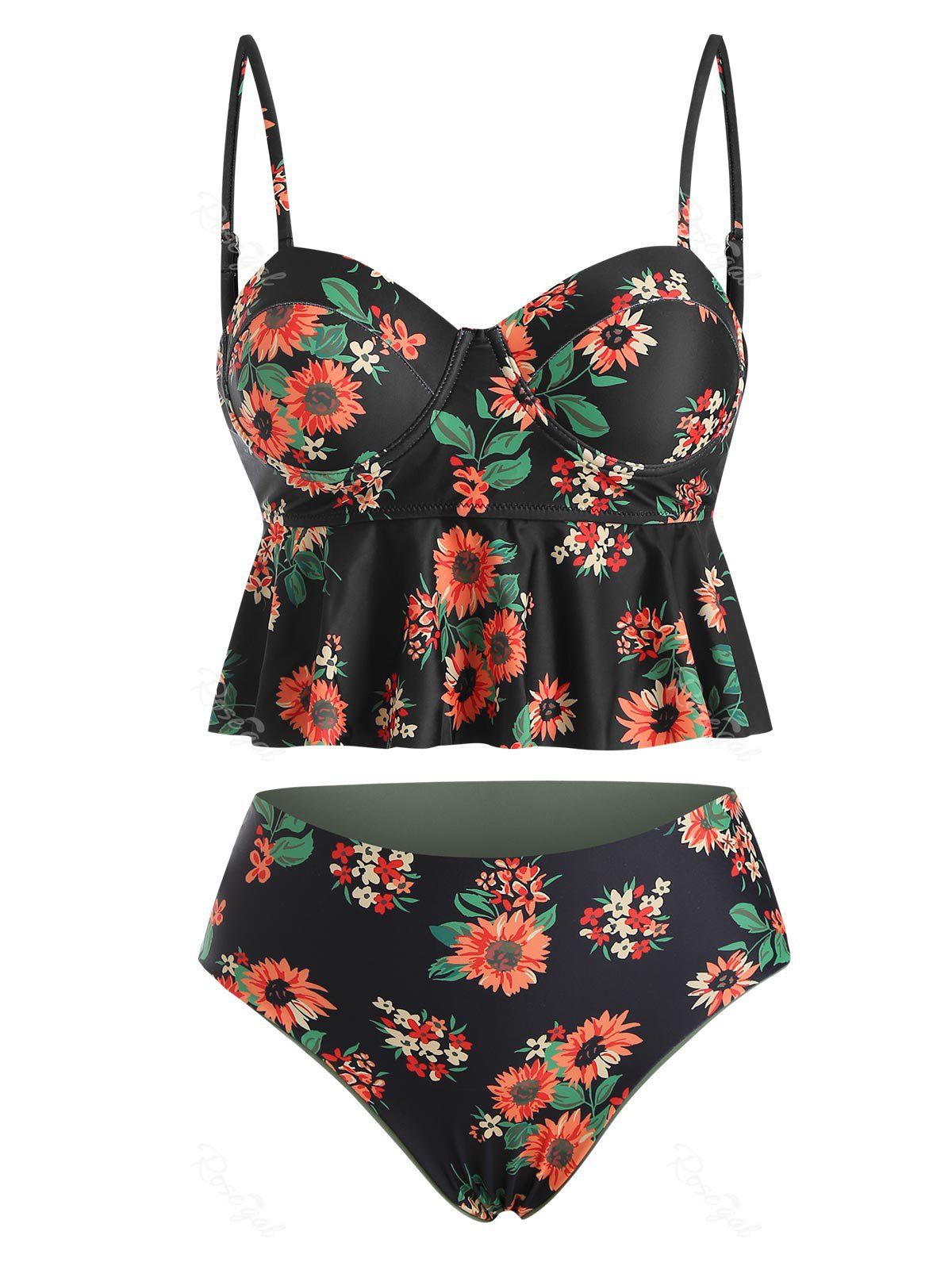 

Floral Lace-up Push Up Reversible Tankini Swimsuit, Black
