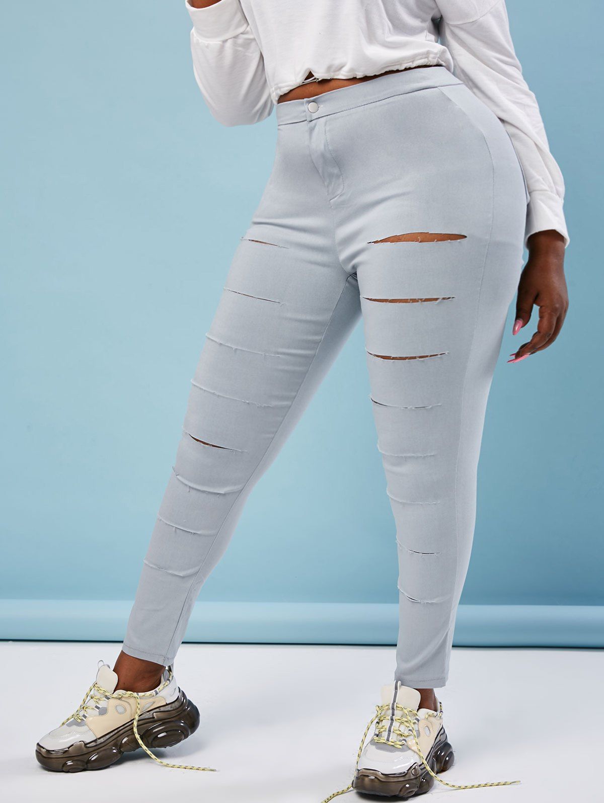 

Colored Ladder Distressed Plus Size Skinny Pants, Gray