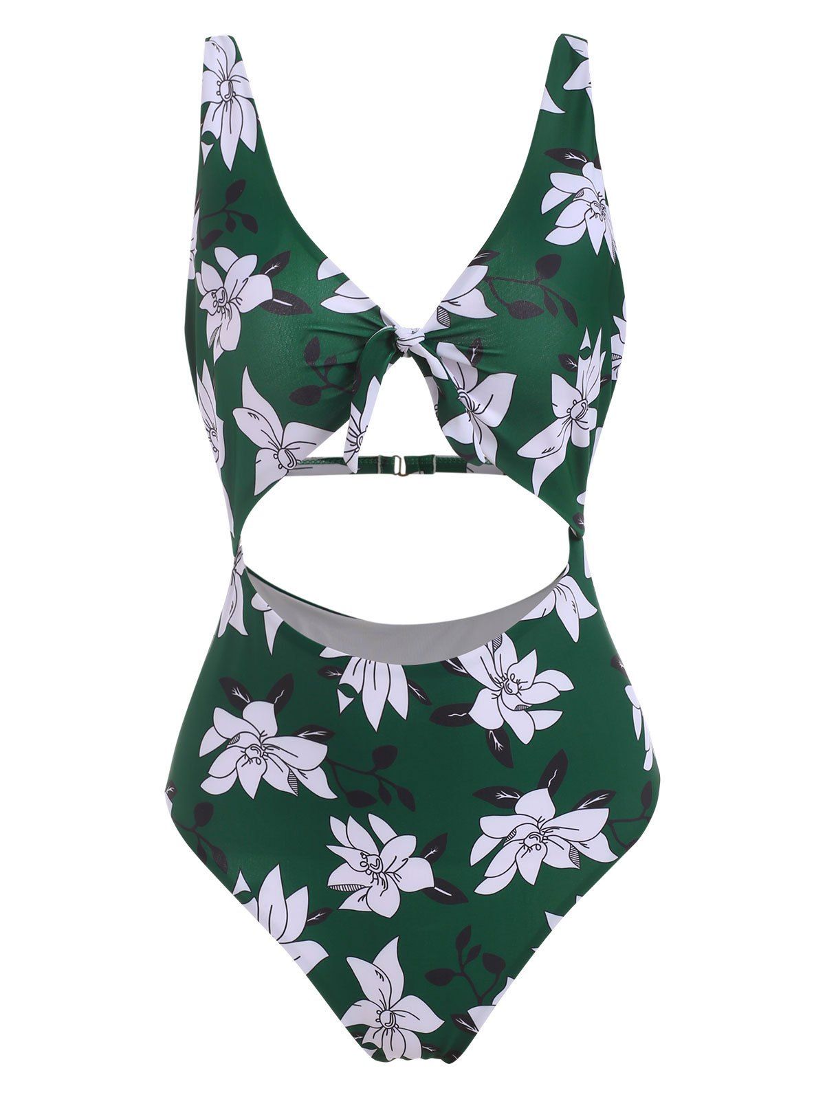 

Floral Knot Cutout Padded One-piece Swimsuit, Deep green