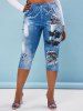 Legging Court Imprimé 3D Jean à Coupe Haute de Grande Taille - Bleu 5X