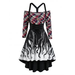 

Plaid Octopus Print High Low Twofer Dress, Multi