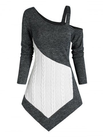 Colorblock Skew Collar Braided Asymmetric Sweater - MULTI-A - M