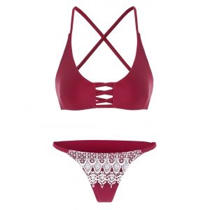 

Lattice Cut Lace Overlay Spaghetti Strap Bikini, Wine red