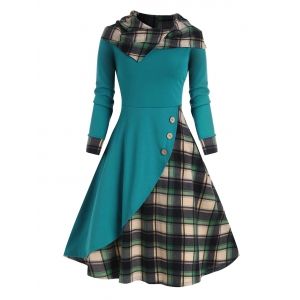 

Hooded Plaid Mock Button Overlap Midi Dress, Green