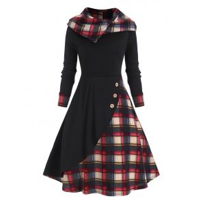 

Hooded Plaid Mock Button Overlap Midi Dress, Red