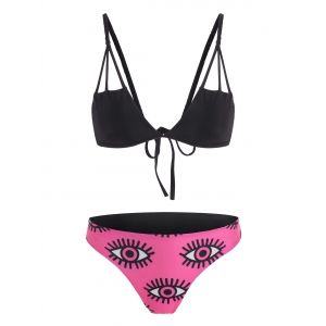 

Eye Print Strappy Caged Thong Bikini, Black / rose red