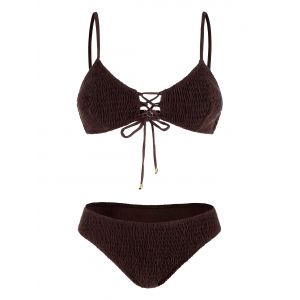 

Shirred Lace-up Bikini Set, Deep brown