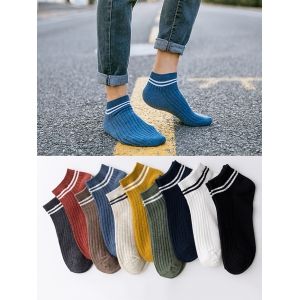 

10 Pairs Striped Ribbed Ankle Socks Set, Multi