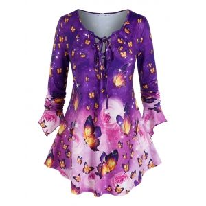 

Plus Size Butterfly Print Bell Sleeve Lace Up Tee, Purple