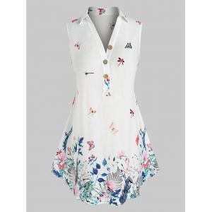 

Plus Size Sleeveless Butterfly Floral Print Blouse, White