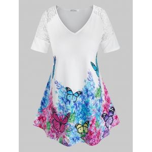 

Plus Size Floral Butterfly Print Lace Insert Tee, White