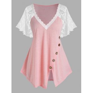 

Plus Size Lace Sleeve Button Asymmetric T Shirt, Light pink