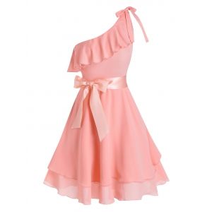 

One Shoulder Bowknot Flounce Flare Dress, Light pink
