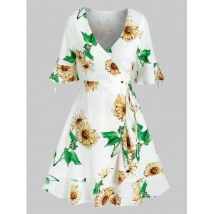 

Low Cut Bell Sleeve Floral Print Dress, White