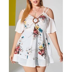 

Plus Size Flower Print O Ring Cold Shoulder Blouse, White