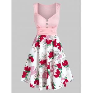 

Button Ruched Flower Printed Flare Dress, White