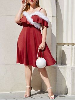 Plus Size Flounce Faux Fur Cold Shoulder A Line Knit Dress - LAVA RED - L