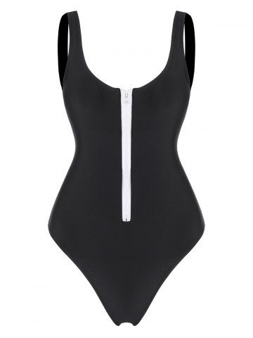 Zippered High Cut One Piece Swimsuit - BLACK - S