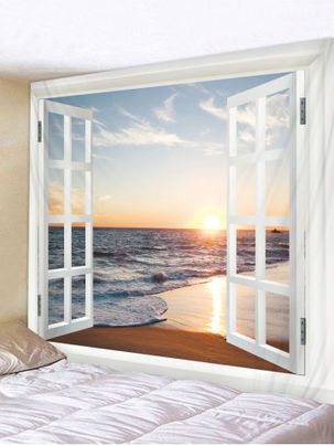 Принт окна и пляжа Настенный Гобелен