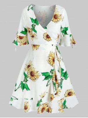 Low Cut Bell Sleeve Floral Print Dress