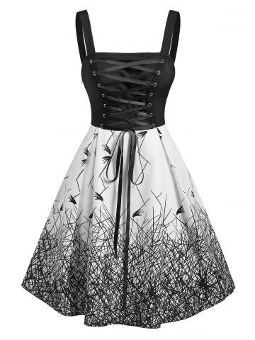 Gothic Lace Up Printed Dress - BLACK - XXXL