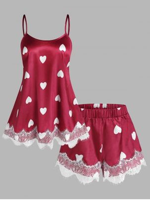 Plus Size Lace Insert Heart Print Pajamas Shorts Set