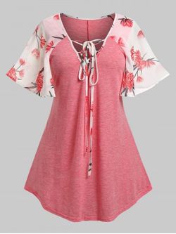 Plus Size Lace Up Flower Flare Sleeve T Shirt - LIGHT PINK - 5X