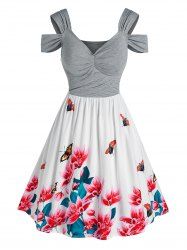 Cold Shoulder Ruched Floral Print Dress -  