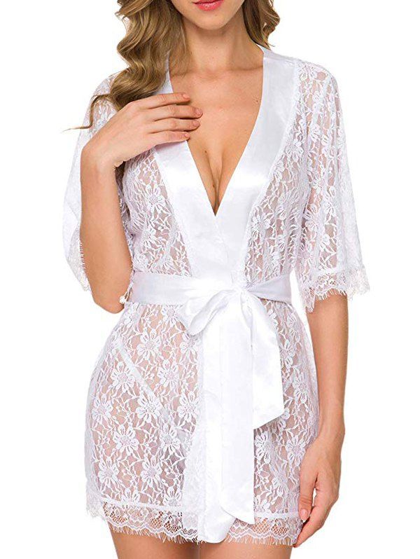 

Ribbon Trim Lace Lingerie Robe Set, White