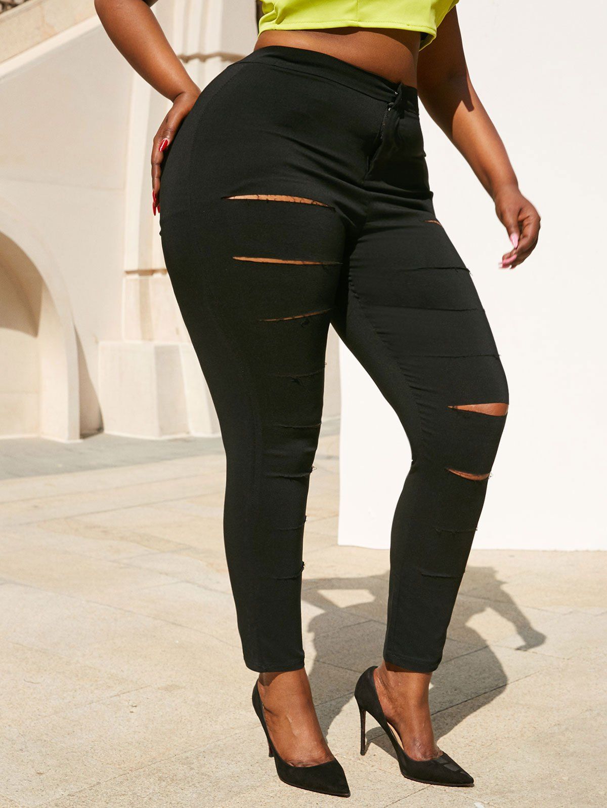 Fancy Colored Ladder Distressed Plus Size Skinny Pants  