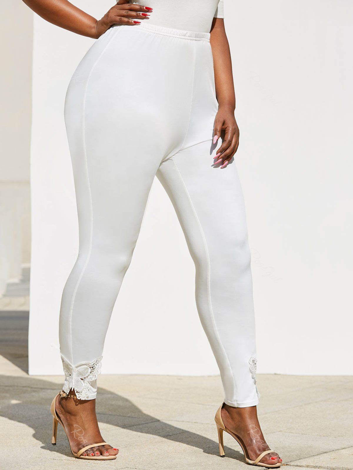 

Plus Size Butterfly Lace Insert Skinny Leggings, Milk white