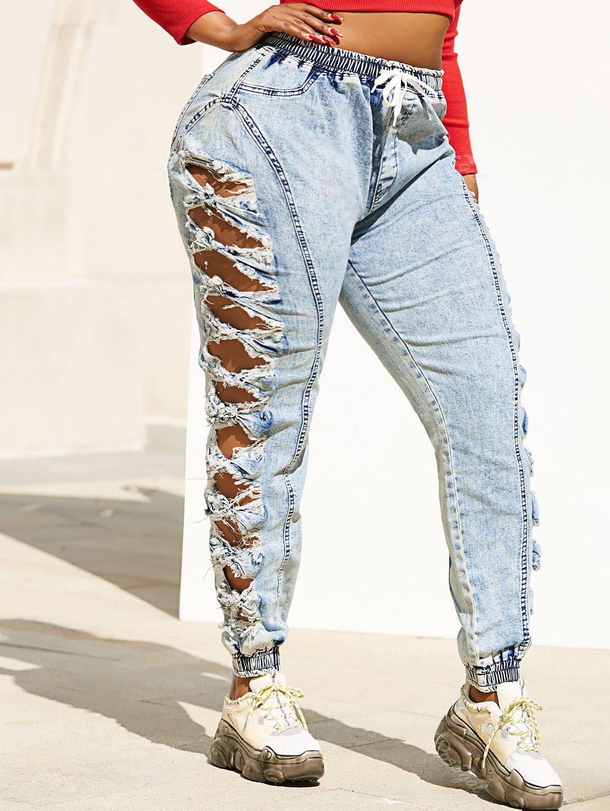 Fashion Shredded Destroyed Cutout Side Drawstring Plus Size Jeans  