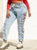 Shredded Destroyed Cutout Side Drawstring Plus Size Jeans -  