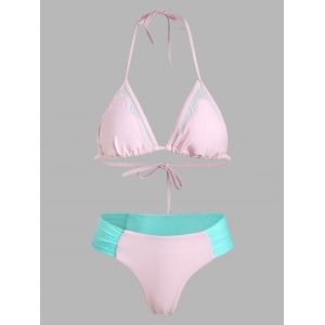 

Sweet Style Halter Neck Color Block Backless Bikini Set For Women, Pink