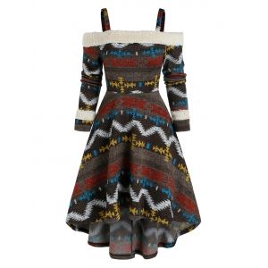 

Cold Shoulder Tribal Print High Low Dress, Coffee